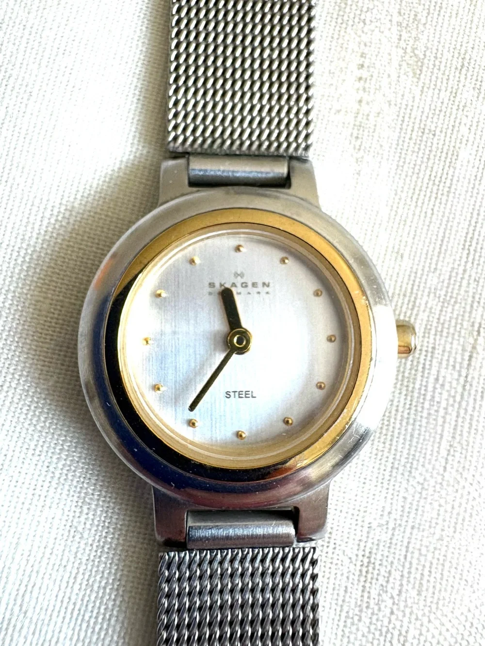 SKAGEN Stainless Steel Watch, Gold Tone Dot Hours and Hands and Mesh Strap